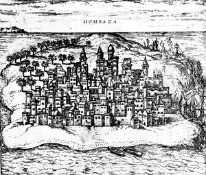 Veduta di Mombaza, da Civitates orbis terrarum di Georg Braun, pubblicato nel 1572 (dettaglio) da Georg Braun und Franz Hogenberg