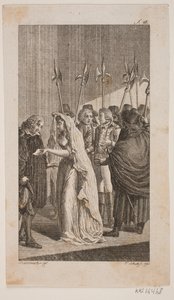 Illustrazione con una giovane donna che consegna una lettera a un uomo anziano. Sullo sfondo due uomini circondati da guardie cittadine da Georg Christian Schule