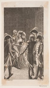 Illustrazione con cinque militari e una signora