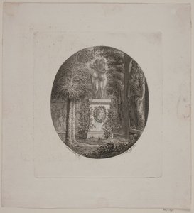 Postament med Amor og Psyke samt en anden skulptur i en have da Georg Christian Schule