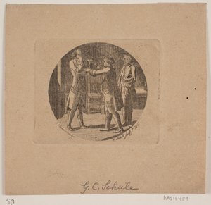 Vignet med tre mænd da Georg Christian Schule