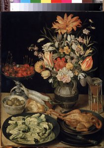Natura morta con fiori, pollo, clessidra, olive, ciliegie e cavolo