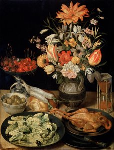 Natura morta con fiori e snack, c1630-c1635