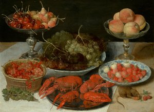 Natura morta con frutta e gamberi di fiume