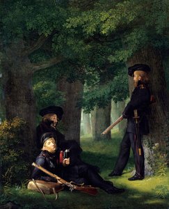 Gli avamposti. Ritratti di Theodor Körner, Karl Friedrich Friesen e Heinrich Hartmann. Dipinto di Georg Friedrich Kersting, 1815