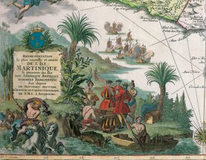Mappa della Martinica creata da Matthieu Seutter, dettagli: Mercanti e Indiano Nativo Americano da Georg Matthäus Seutter