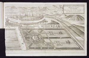 I nuovi giardini a Cremsier, la residenza del principe-vescovo, pubblicato c.1700 da Georg Matthaus Vischer
