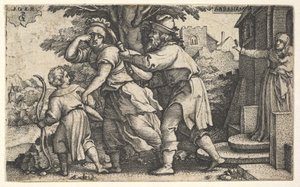Abramo manda via Agar e Ismaele: Abramo porge un vaso mentre Agar e Ismaele, ca. 1543 da Georg Pencz