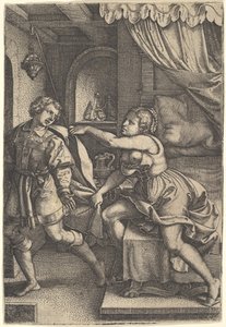 Giuseppe si allontana dalla moglie di Potifar, che gli afferra il mantello con entrambe le mani mentre st..., 1546 da Georg Pencz