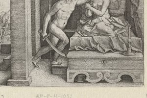 Sesto violenta Lucrezia sotto minaccia di spada, Storie della prima storia romana (titolo della serie) da Georg Pencz