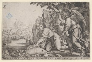 Tobiolo cattura il pesce, dalla Storia di Tobia, 1543 da Georg Pencz