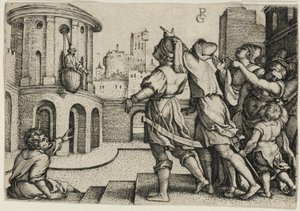 Virgilio sospeso in un cesto, copia da Georg Pencz