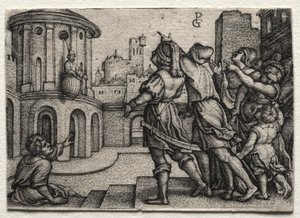 Virgilio appeso in un cesto da Georg Pencz