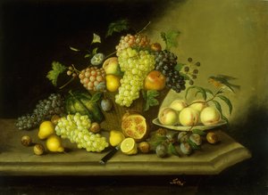 Natura morta con un cesto di uva e frutta mista su un davanzale di pietra da Georg Seitz