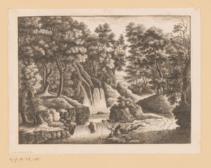 Cascata nel bosco con due pescatori in primo piano da Georg Wolfgang Knorr (possibly)