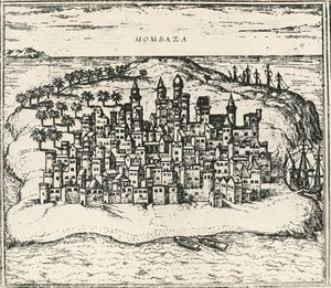 Città di Mombasa in Kenya, incisione da Civitates Orbis Terrarum da Georg Braun and Hogenberg Franz