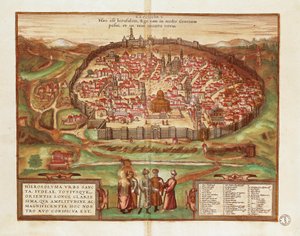 Israele e Palestina, Città di Gerusalemme, di Georg Braun e Franz Hogenberg, da Civitates Orbis Terrarum, incisione a colori da Georg Braun and Hogenberg Franz