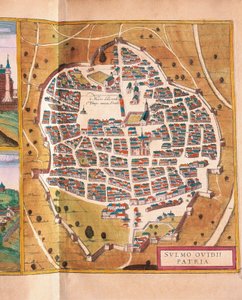 Italia, Sulmona, La città di Sulmona da Civitates Orbis Terrarum, incisione da Georg Braun and Hogenberg Franz