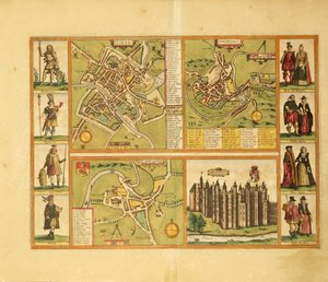 Mappa di York, Shrewbury, Lancaster e Richmond Castle da Civitates Orbis Terrarum di Georg Braun