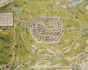 Paesi Bassi, Mappa della città e della regione di Leida dal Civitates Orbis Terrarum di Georg Braun e Franz Hogenberg, Colonia, incisione da Georg Braun and Hogenberg Franz