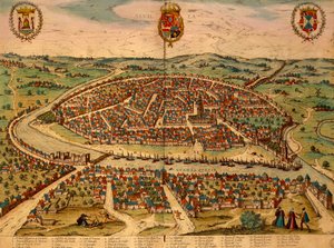 Veduta di Siviglia, incisione a colori da Civitates Orbis Terrarum di Georg Braun e Franz Hogenberg