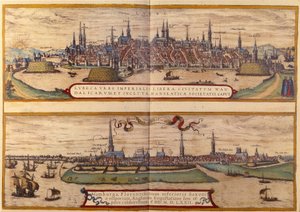 In alto veduta della città di Lubecca, in basso la città di Amburgo in Germania. Incisione dall
