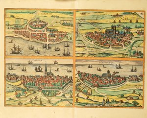 Helsingborg, Lund, Malmö, Elbogen e Landskrona, da Civitates Orbis Terrarum, Colonia da Georg Braun and Hogenberg Franz