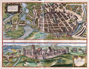 Poznan e Krosno, Polonia (incisione) da Georg Braun and Hogenberg Franz