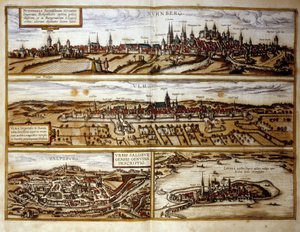 Veduta delle città tedesche di Norimberga e Ulma, Salisburgo, Austria. Incisione dall