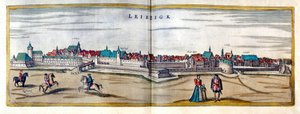 Veduta della città di Lipsia in Germania. Incisione dall
