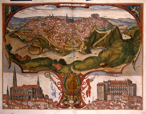 Veduta della città di Toledo nel XVI secolo. Incisione di George Braun in "Civitates Orbis Terrarum" Volume I scritto da Franz Hogenberg (1535-1590) da Georg Braun and Hogenberg Franz