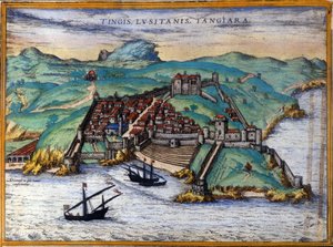 Veduta della città fortificata di Tangeri e della costa, Marocco. Tre navi sono ancorate vicino alla costa. In "Ciuitates orbis terrarum Liber primus", di Georgius Braun e Franz Hohenberg, Colonia 1582
