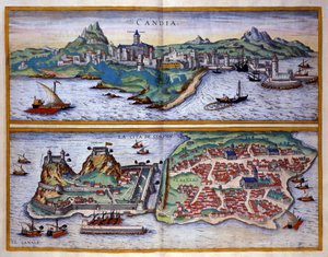 Veduta del porto di Candia (odierna Heraklion) a Creta e del porto di Corfù in Grecia. Incisione di George Braun in "Civitates Orbis Terrarum" Volume I scritto da Franz Hogenberg (1535-1590) da Georg Braun and Hogenberg Franz