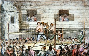 Un incontro di boxe alla corte dei cinque, Londra, da una stampa pubblicata nel 1812