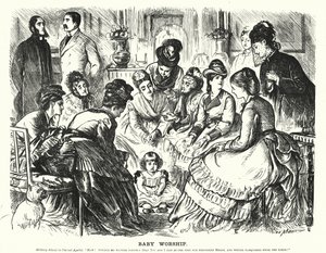 Cartone animato di Punch: Adorazione del bambino (incisione) da George (after) Du Maurier