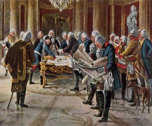 Federico il Grande tiene un consiglio di guerra con i suoi generali, agosto 1756 (litografia a colori ingrandita) da George (after) Schobel