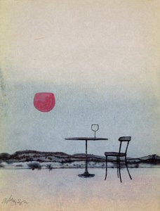Vino rosso versato da un bicchiere su un tavolo esterno diventa il sole al tramonto