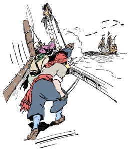 Una nave pirata insegue una nave. Illustrazione da 