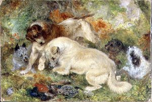 Terrier e conigli in un bosco