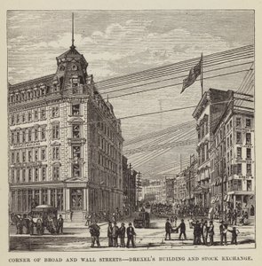 Angolo tra Broad e Wall Streets, edificio Drexel e Borsa valori da George Augustus Sala