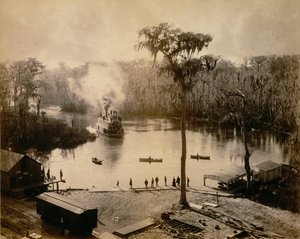 Battello a ruota di poppa che arriva a Silver Springs, Florida, dopo una corsa notturna sul fiume St. John da George Barker
