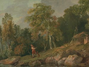 Paesaggio boscoso con un ragazzo e il suo cane da George Barret