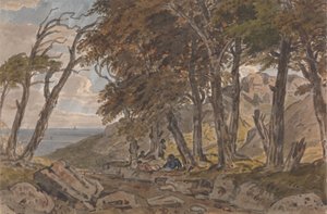 Figure sulla riva di un sentiero boscoso, con il mare in lontananza a sinistra da George Barret Jr.