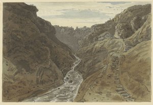 Valle del fiume e strada di montagna che conduce a due case da George Barret jr. (possibly)