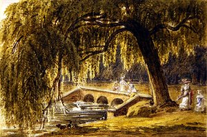 Donne e bambini su un ponte ornamentale in un parco da George Barrett