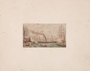 Stampa della scatola degli aghi: La flotta reale nella baia di Kilkenny (?) da George Baxter
