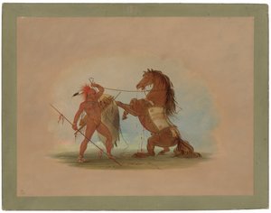 Un guerriero Pawnee che sacrifica il suo cavallo preferito da George Catlin