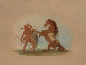 Un guerriero Pawnee che sacrifica il suo cavallo preferito da George Catlin