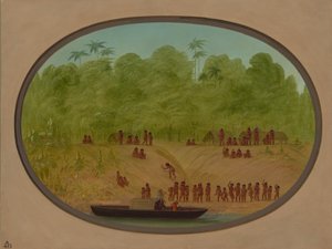Un villaggio Omagua - Schizzo di una barca, 1854-1869 da George Catlin