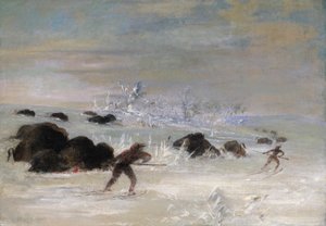 Gli indiani Assiniboine inseguono i bufali con le racchette da neve da George Catlin